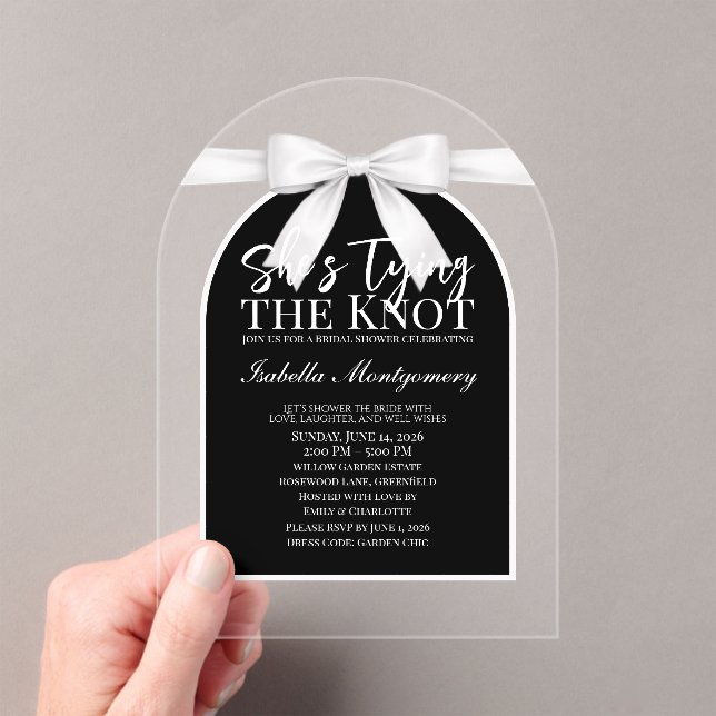 She’s Tying the Knot White Palette Bow Acrylic Invitations (Insitu (Handheld))