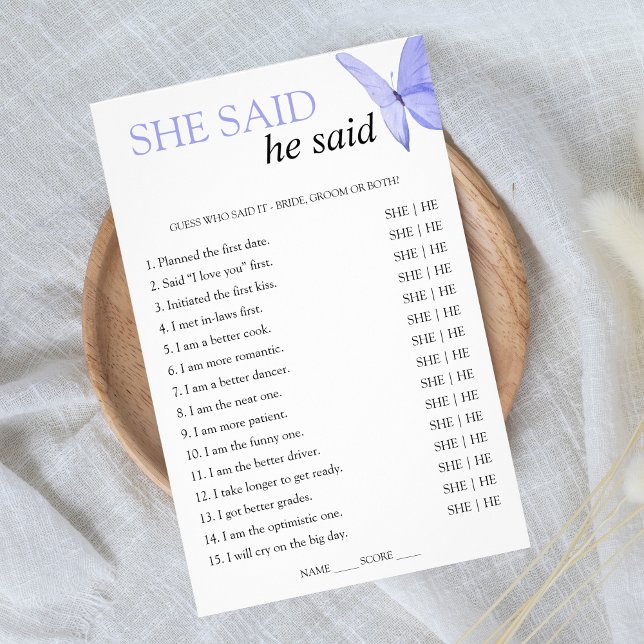 She said He said Bridal Shower Game Butterfly Flyer (He said she said - he gives her butterflies)