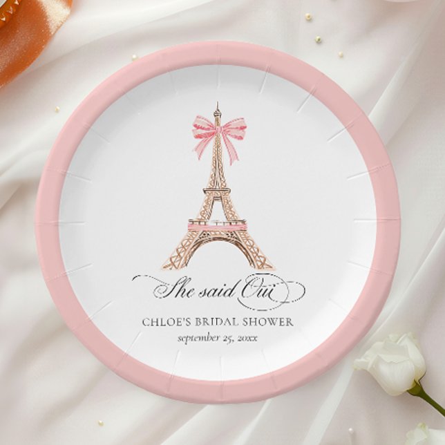 She said Oui Paris Bow Eiffel Tower BRIDAL SHOWER Paper Plate (Creator Uploaded)
