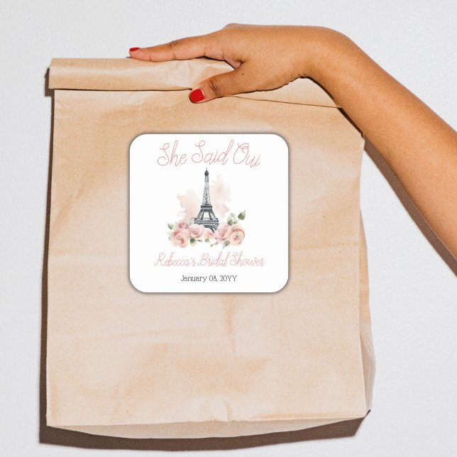 She Said Oui Parisian Pink Floral Bridal Shower Square Sticker (Creator Uploaded)