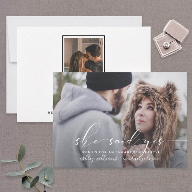 SHE SAID YES 2 Photo Calligraphy Engagement Party Invitation (Creator Uploaded)