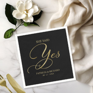 She Said Yes Black Gold Engagement Party Napkin