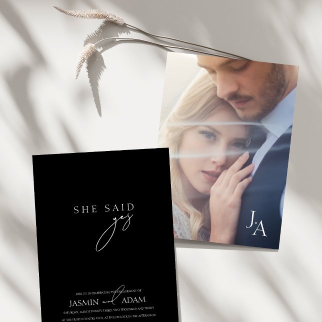 She said Yes! Black Simple Script Photo Wedding Invitation (She said Yes! Black Simple Script Photo Wedding Invitation)