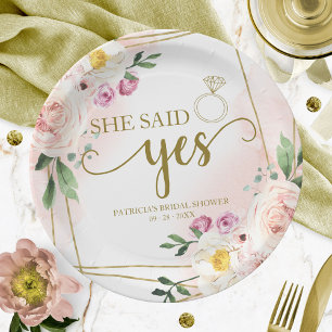 She Said Yes Blush Floral Geometric Bridal Shower Paper Plate