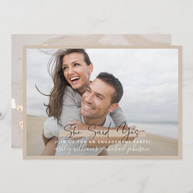 She Said Yes Calligraphy Blush Gold Engagement Invitation (Front/Back)