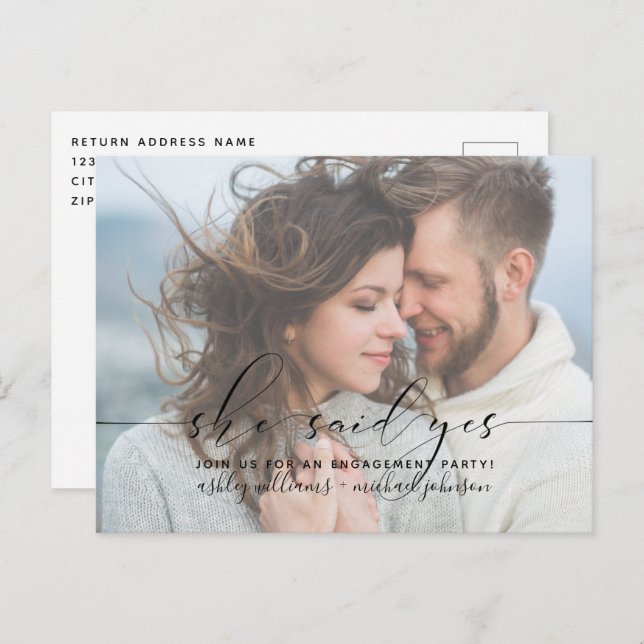 She Said Yes Calligraphy Engagement Party Invite Postcard (Front/Back)