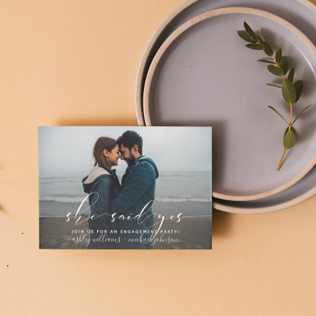 She Said Yes Calligraphy Engagement Party Invite Postcard (Engaged & Excited! Join Us for the Party 🥂💍 [Personalize Here])