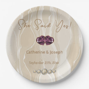 She said Yes, Cream Silk & Pearls & Hearts Paper Plate