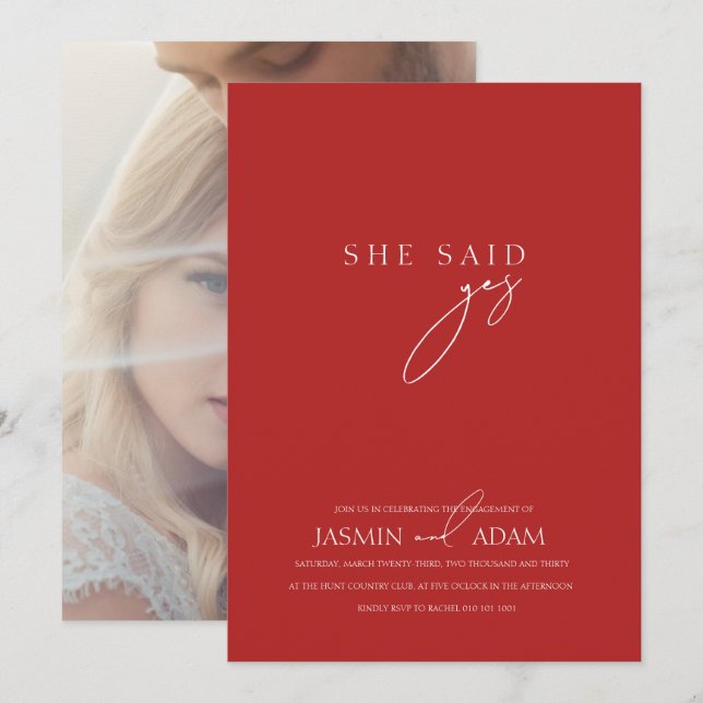 She said Yes! Crimson Red Script Photo Wedding Invitation (Front/Back)