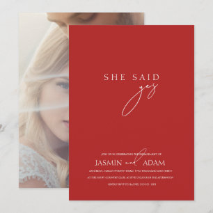 She said Yes! Crimson Red Script Photo Wedding Invitation