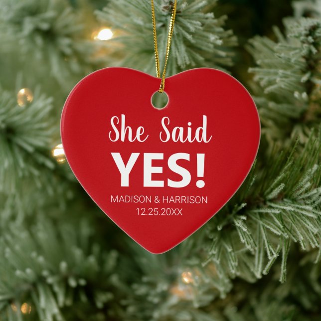 She said Yes custom photo Engagement Christmas Ceramic Ornament (Tree)