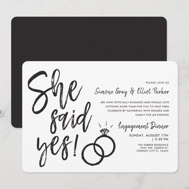 She Said Yes | Dual Rings Engagement Dinner Invitation (Front/Back)