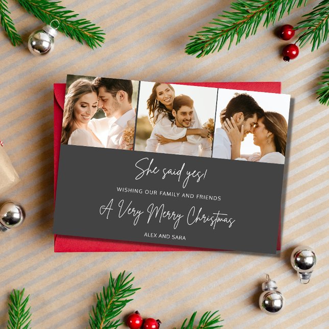 She Said Yes Engagement 3 Photo Christmas Holiday Card (She Said Yes Engagement 3 Photo Christmas Holiday Card)