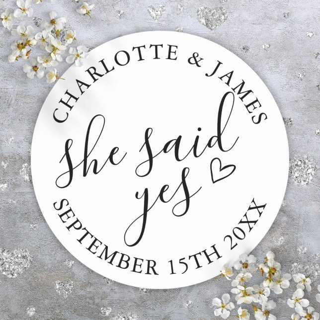 She Said Yes Engagement Party Black And White Classic Round Sticker (She Said Yes Engagement Party Black And White Classic Round Sticker)