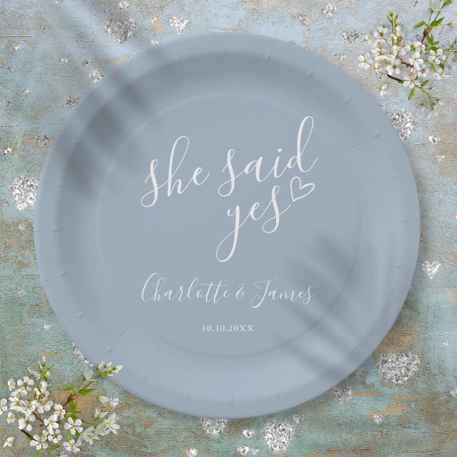 She Said Yes Engagement Party Dusty Blue Paper Plate (She Said Yes Engagement Party Dusty Blue Paper Plates)