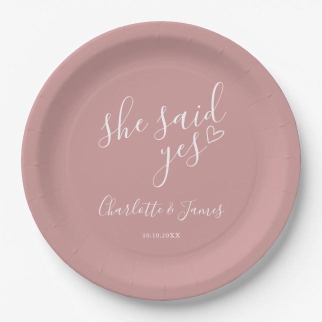 She Said Yes Engagement Party Dusty Rose Paper Plate (Front)