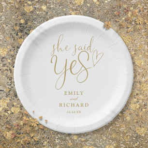 She Said Yes Engagement Party Elegant Gold Paper Plate