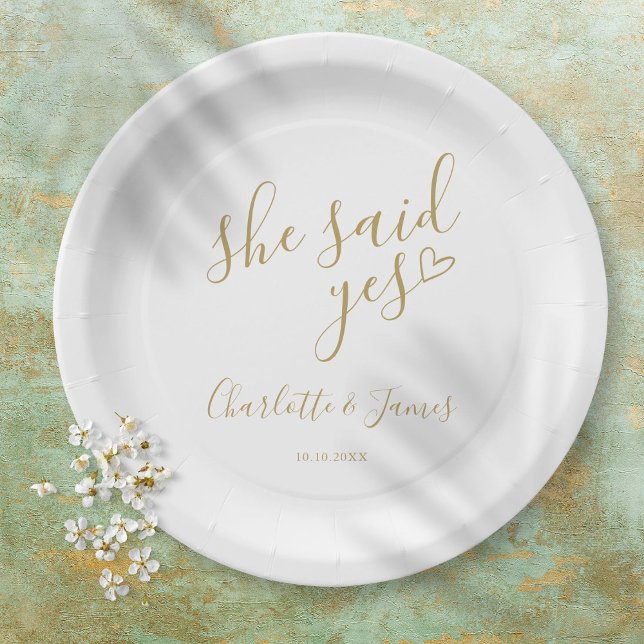 She Said Yes Engagement Party Gold Heart Paper Plate (Creator Uploaded)