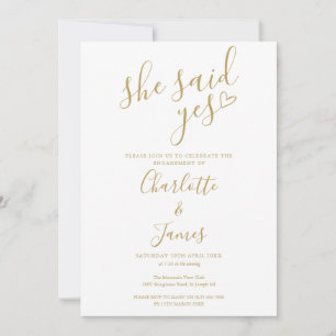 She Said Yes Engagement Party Gold Love Heart  Invitation