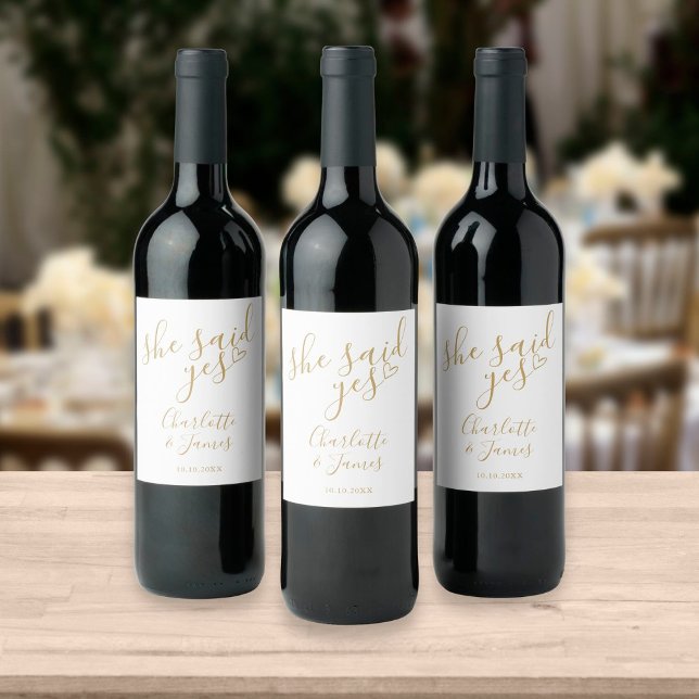 She Said Yes Engagement Party Gold Love Heart Wine Label (Creator Uploaded)