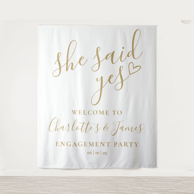She Said Yes Engagement Party Gold Photo Backdrop Tapestry (Front)