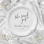 She Said Yes Engagement Party Love Heart Paper Plate<br><div class="desc">These stylish black and white "she said yes" engagement party plates can be personalised with your engagement party details. Designed by Thisisnotme©</div>