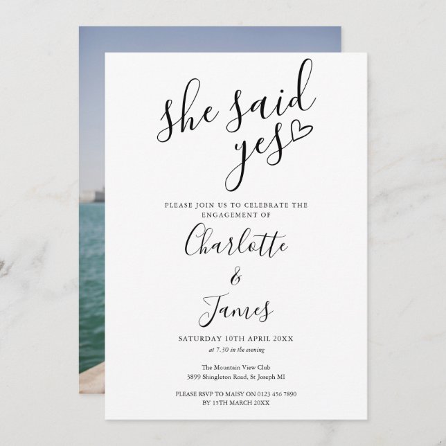 She Said Yes Engagement Party Love Heart Photo Invitation (Front/Back)