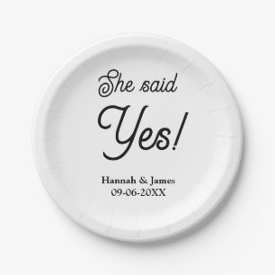She said yes engagement party name date simple min paper plate