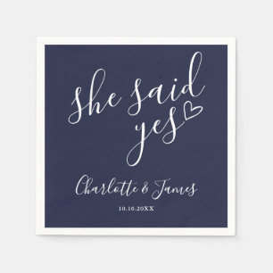 She Said Yes Engagement Party Navy Blue Napkin