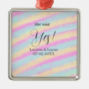 She said yes engagement party pink blue yellow ste metal ornament