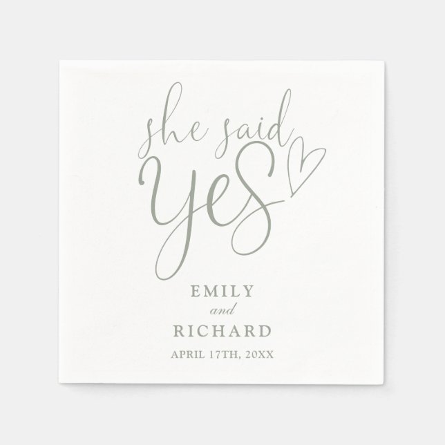 She Said Yes Engagement Party Sage Green Napkin (Front)