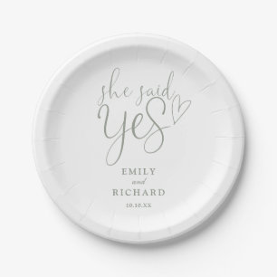 She Said Yes Engagement Party Sage Green Paper Plate