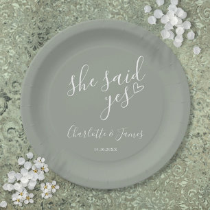 She Said Yes Engagement Party Sage Green Paper Plate