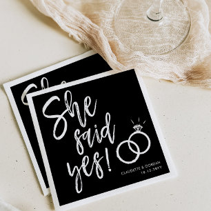 She Said Yes! Engagement Party Script Black Napkin