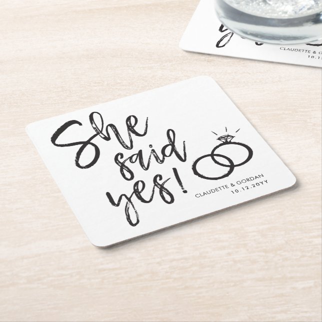 She Said Yes! | Engagement Party Script Lettering Square Paper Coaster (Angled)