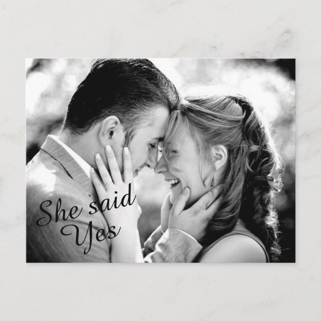 She said Yes Fancy Photo Save the Date - black Announcement Postcard (Front)
