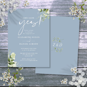 She Said Yes Floral Dusty Blue Engagement Party Invitation