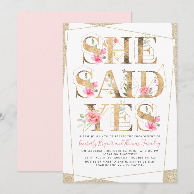 She Said Yes Floral Romantic Engagement Party Invitation (Front/Back)