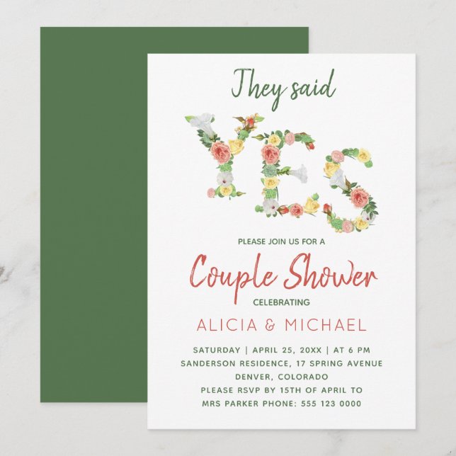 She said YES floral typography engagement party Invitation (Front/Back)