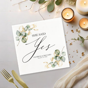 She Said Yes Gold Greenery Engagement Napkin