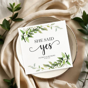 She Said Yes Gold Greenery Engagement  Napkin