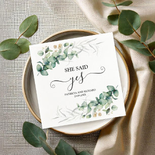 She Said Yes Gold Greenery Engagement Napkin