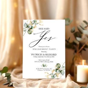She Said Yes Gold Greenery Engagement Party Invitation