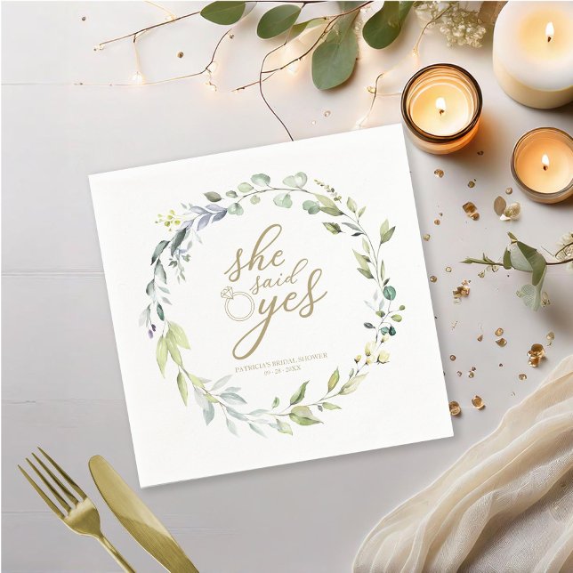 She Said Yes Greenery Eucalyptus Bridal Shower Napkin (Creator Uploaded)