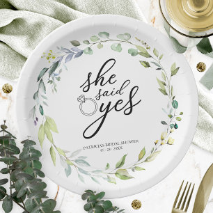 She Said Yes Greenery Eucalyptus Bridal Shower Paper Plate