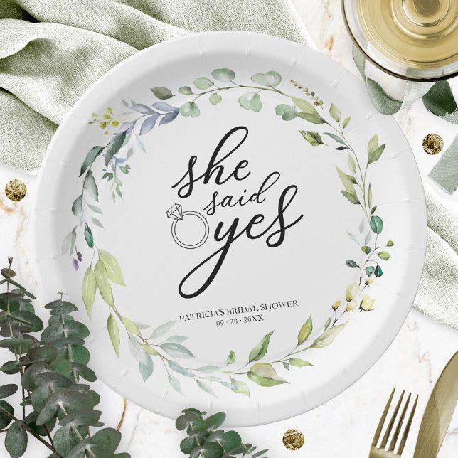 She Said Yes Greenery Eucalyptus Bridal Shower Paper Plate (Creator Uploaded)