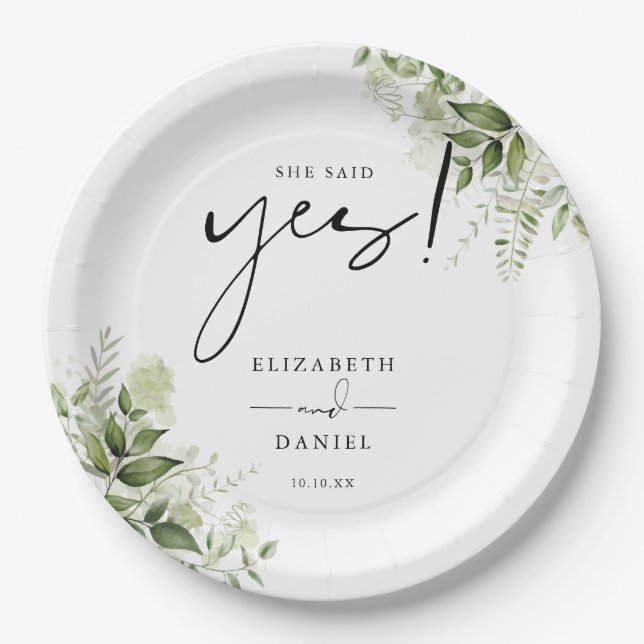 She Said Yes Greenery Floral Engagement Party Paper Plate (Front)