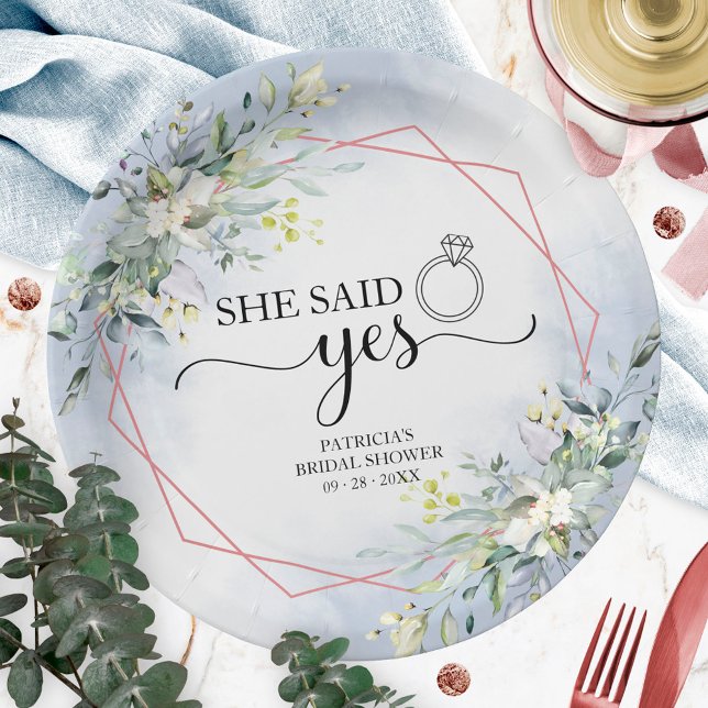 She Said Yes Greenery Geometric Bridal Napkins Pap Paper Plate (Creator Uploaded)