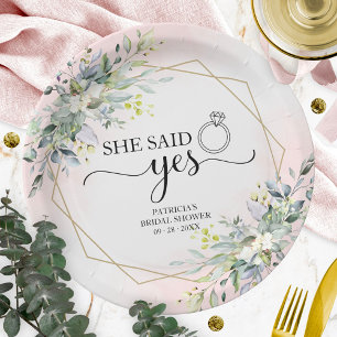 She Said Yes Greenery Geometric Bridal Paper Plate