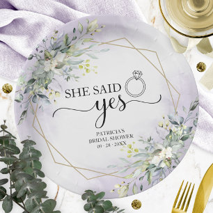 She Said Yes Greenery Geometric Bridal Paper Plate